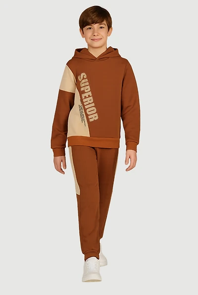 Boys Superior Graphic Pullover Hoodie and Joggers Set, Brown, Size 8-10