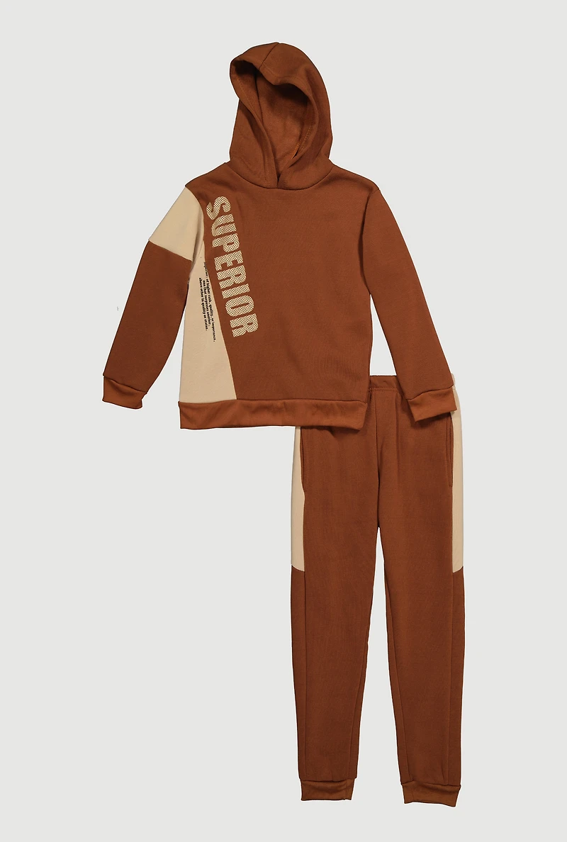 Boys Superior Graphic Pullover Hoodie and Joggers Set, Brown, Size 8-10