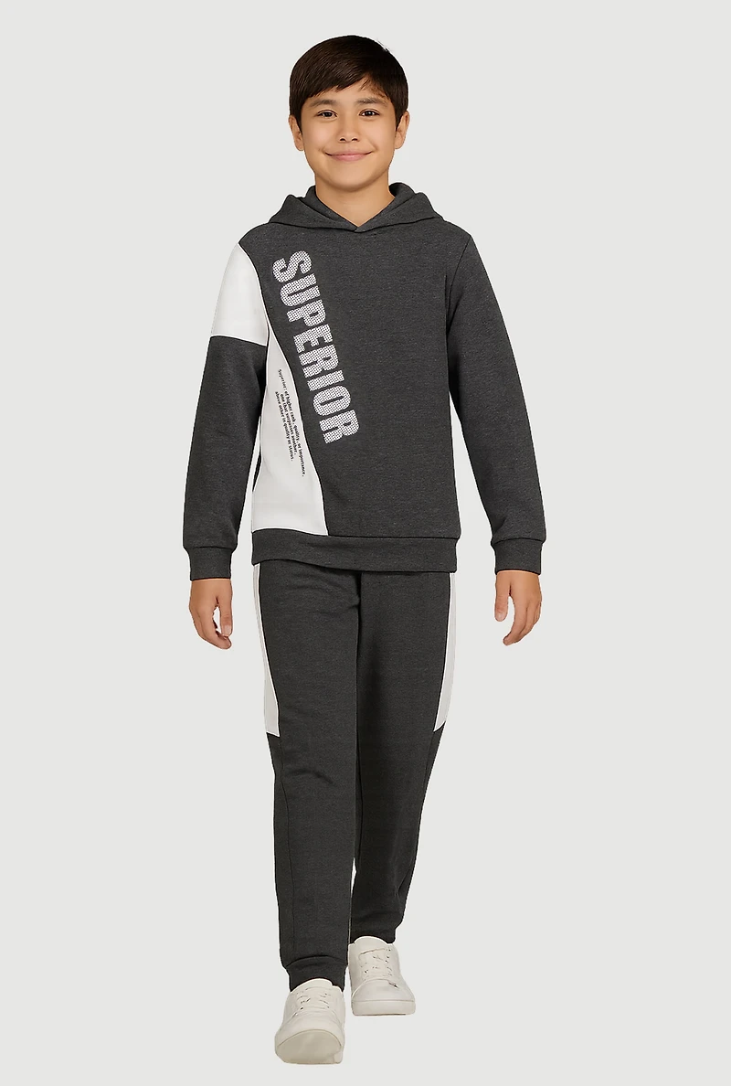 Boys Superior Graphic Pullover Hoodie and Joggers Set, Grey, Size 12-14