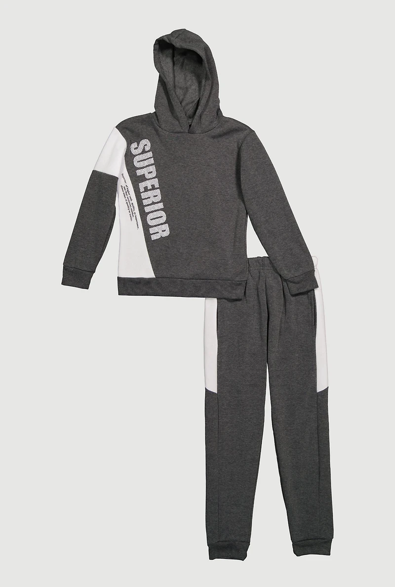 Boys Superior Graphic Pullover Hoodie and Joggers Set, Grey, Size 12-14