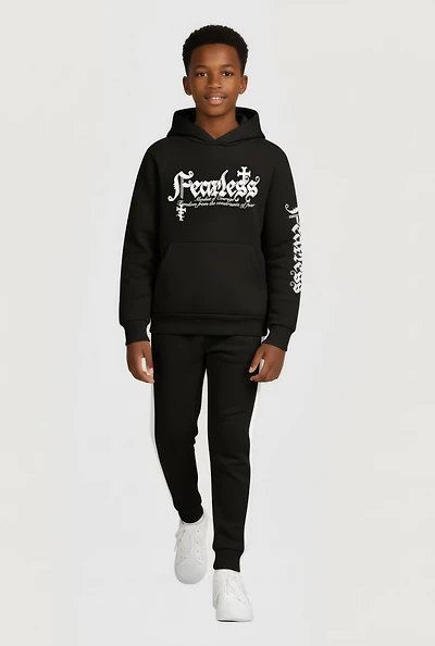 Boys Fearless Graphic Hoodie and Sweatpants Set, Black, Size 8-10