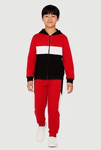 Boys Color Block Zip Front Hoodie and Sweatpants Set