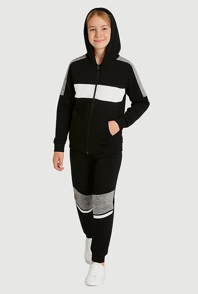 Boys Color Block Zip Front Hoodie and Moto Sweatpants, Black, Size 10