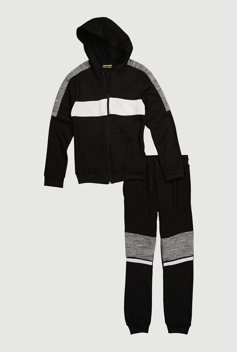 Boys Color Block Zip Front Hoodie and Moto Sweatpants, Black,
