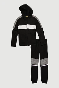 Boys Color Block Zip Front Hoodie and Moto Sweatpants, Black,