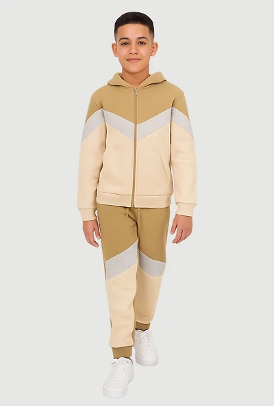 Boys Color Block Hoodie and Drawstring Waist Sweatpants, Brown, Size 8