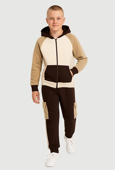 Boys Color Blocked Fleece Lined Hoodie and Cargo Joggers, Multi, Size 10