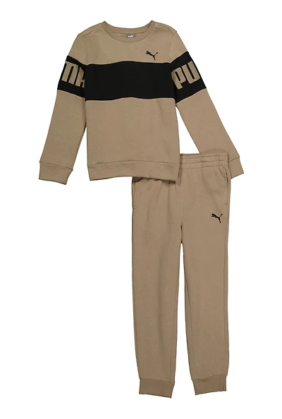 Boys Puma Logo Crew Neck Sweatshirt and Joggers, Khaki, Size S