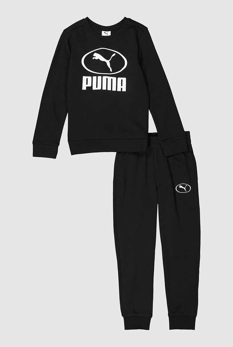 Boys Circle Puma Logo Graphic Sweatshirt and Joggers, Black, Size S