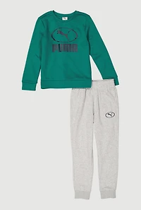 Boys Puma Logo Graphic Print Sweatshirt and Joggers, Green, Size M
