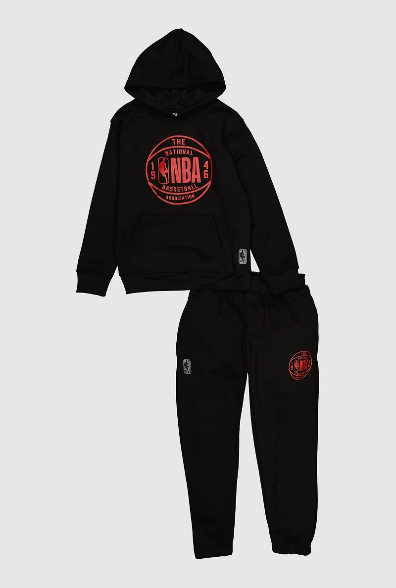 Boys NBA Basketball Graphic Hooded Sweatshirt and Sweatpants, Black, Size 10-12