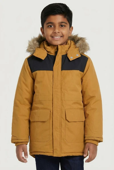 Boys Faux Fur Trim Hooded Parka