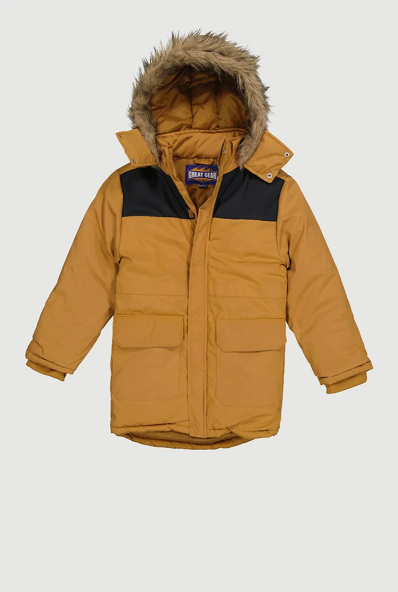 Boys Faux Fur Trim Hooded Parka, Beige, Size 14-16