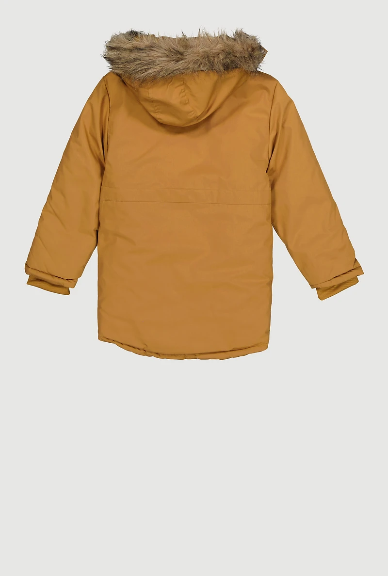 Boys Faux Fur Trim Hooded Parka, Beige, Size 14-16