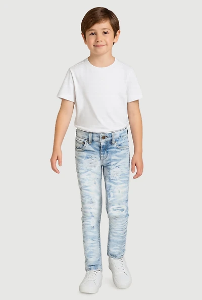 Little Boys Distressed Patch and Repair Skinny Jeans, Blue, Size 7
