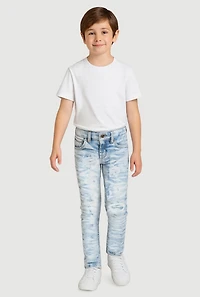 Little Boys Distressed Patch and Repair Skinny Jeans, Blue, Size 7