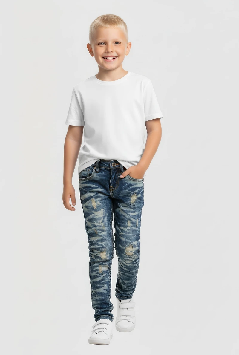 Little Boys Acid Wash Whiskered Patch and Repair Jeans
