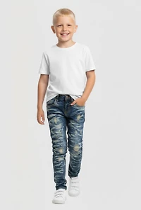 Little Boys Acid Wash Whiskered Patch and Repair Jeans
