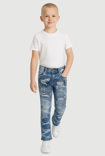 Little Boys Whiskered Distressed Jeans with Patchwork, Blue, Size 6