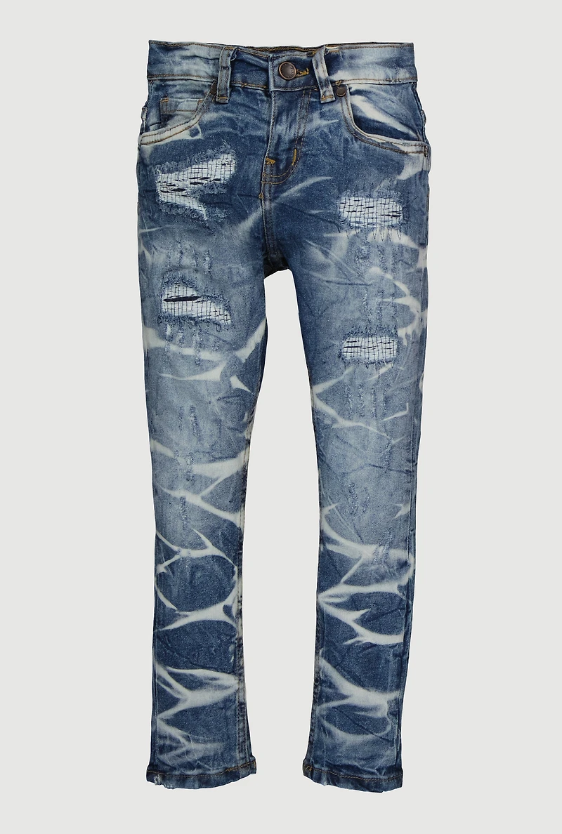 Little Boys Whiskered Distressed Jeans with Patchwork, Blue,