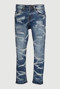 Little Boys Whiskered Distressed Jeans with Patchwork, Blue,