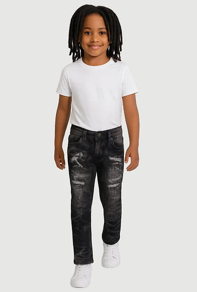 Little Boys Whiskered Distressed Patchwork Jeans, Black, Size 6