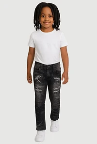 Little Boys Whiskered Distressed Patchwork Jeans, Black, Size 4