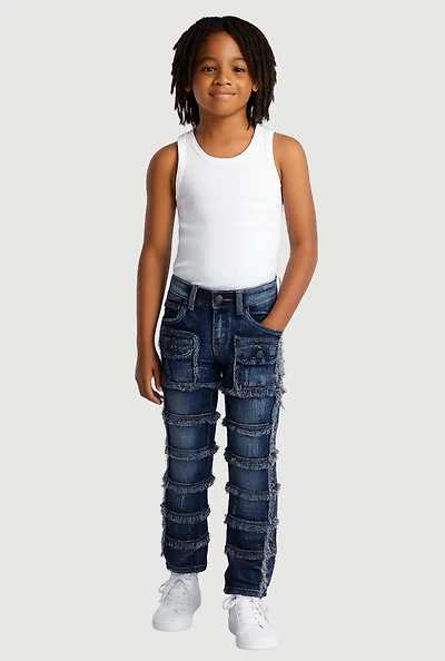 Little Boys Frayed Distressed Tiered Jeans, Blue, Size 7