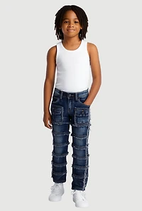Little Boys Frayed Distressed Tiered Jeans, Blue, Size 7