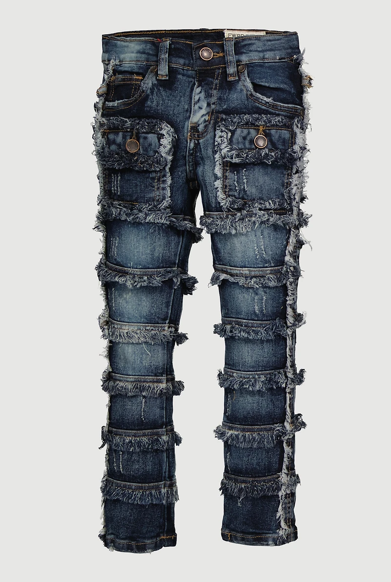 Little Boys Frayed Distressed Tiered Jeans, Blue, Size 7