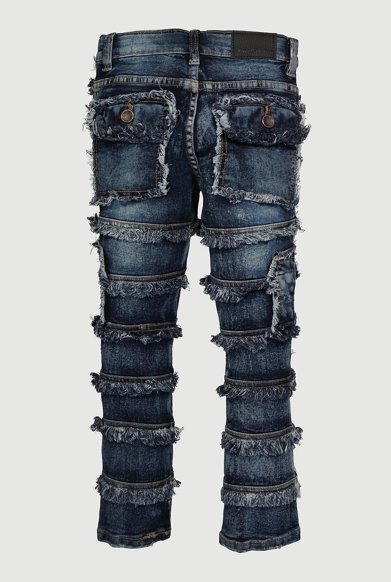 Little Boys Frayed Distressed Tiered Jeans, Blue, Size 7