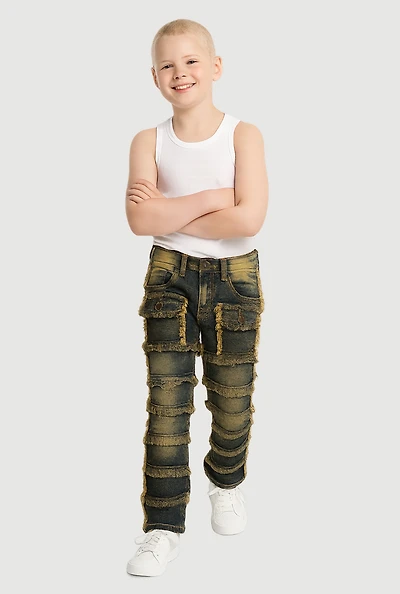Little Boys Distressed Frayed Tiered Jeans, Blue, Size 5
