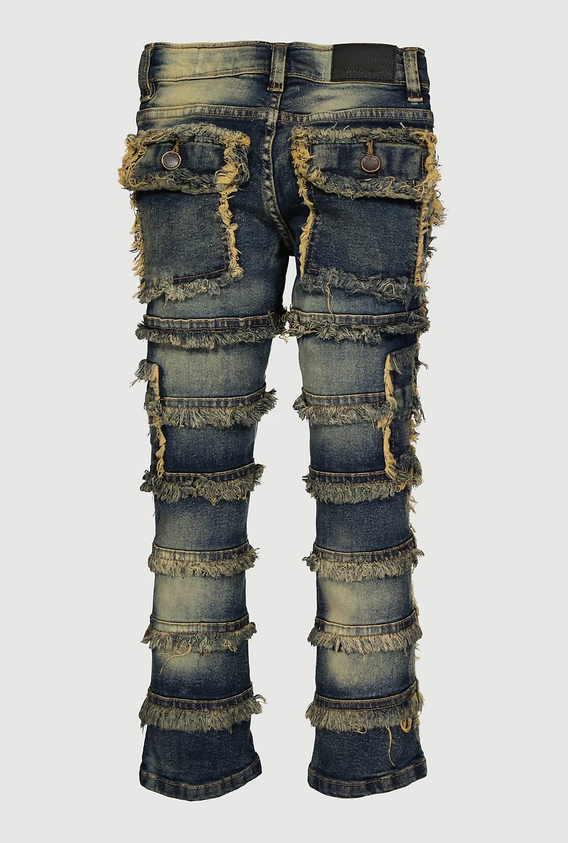 Little Boys Distressed Frayed Tiered Jeans, Blue, Size 5