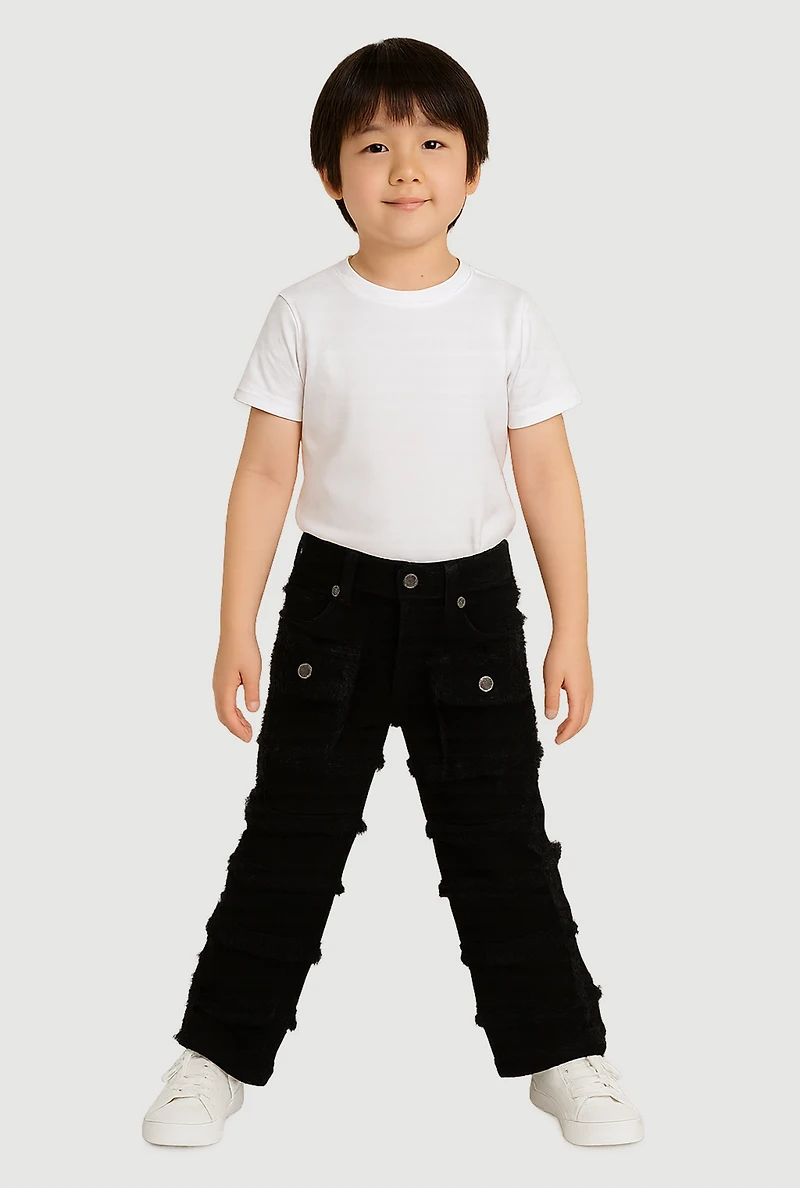 Little Boys Solid Distressed Frayed Tiered Jeans, Black, Size 7