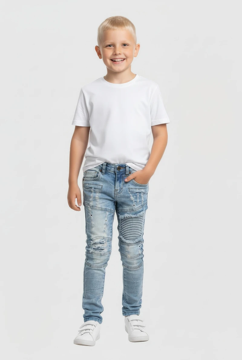 Boys Whiskered Acid Wash Straight Leg Moto Jeans, Blue, Size 7