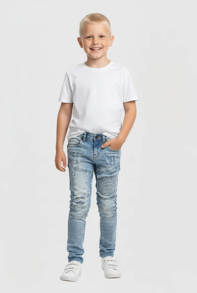 Little Boys Whiskered Acid Wash Straight Leg Moto Jeans