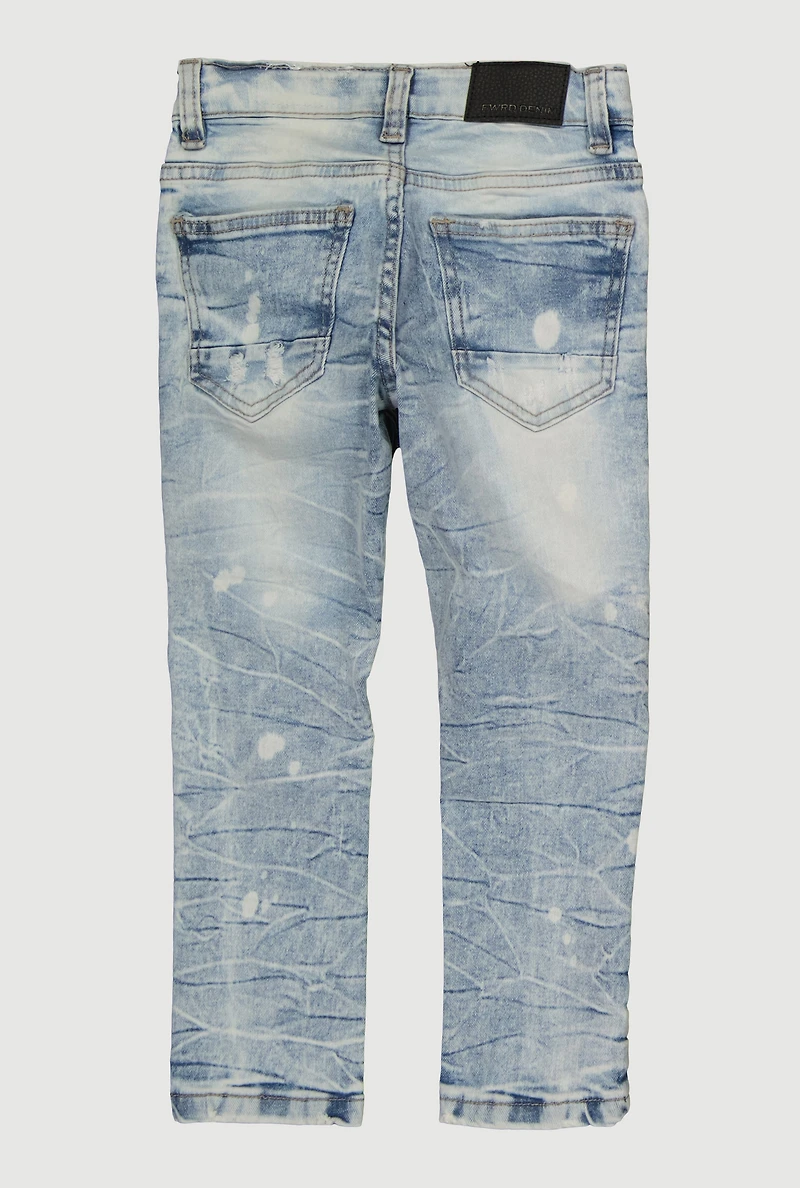 Little Boys Whiskered Acid Wash Straight Leg Moto Jeans