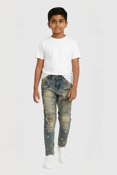 Little Boys Whiskered Acid Wash Skinny Moto Jeans