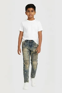 Little Boys Whiskered Acid Wash Skinny Moto Jeans