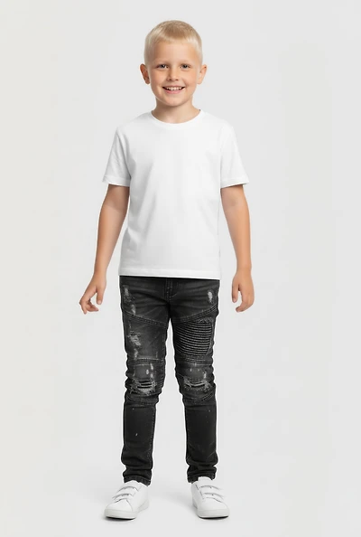 Little Boys Frayed Acid Wash Whiskered Moto Jeans