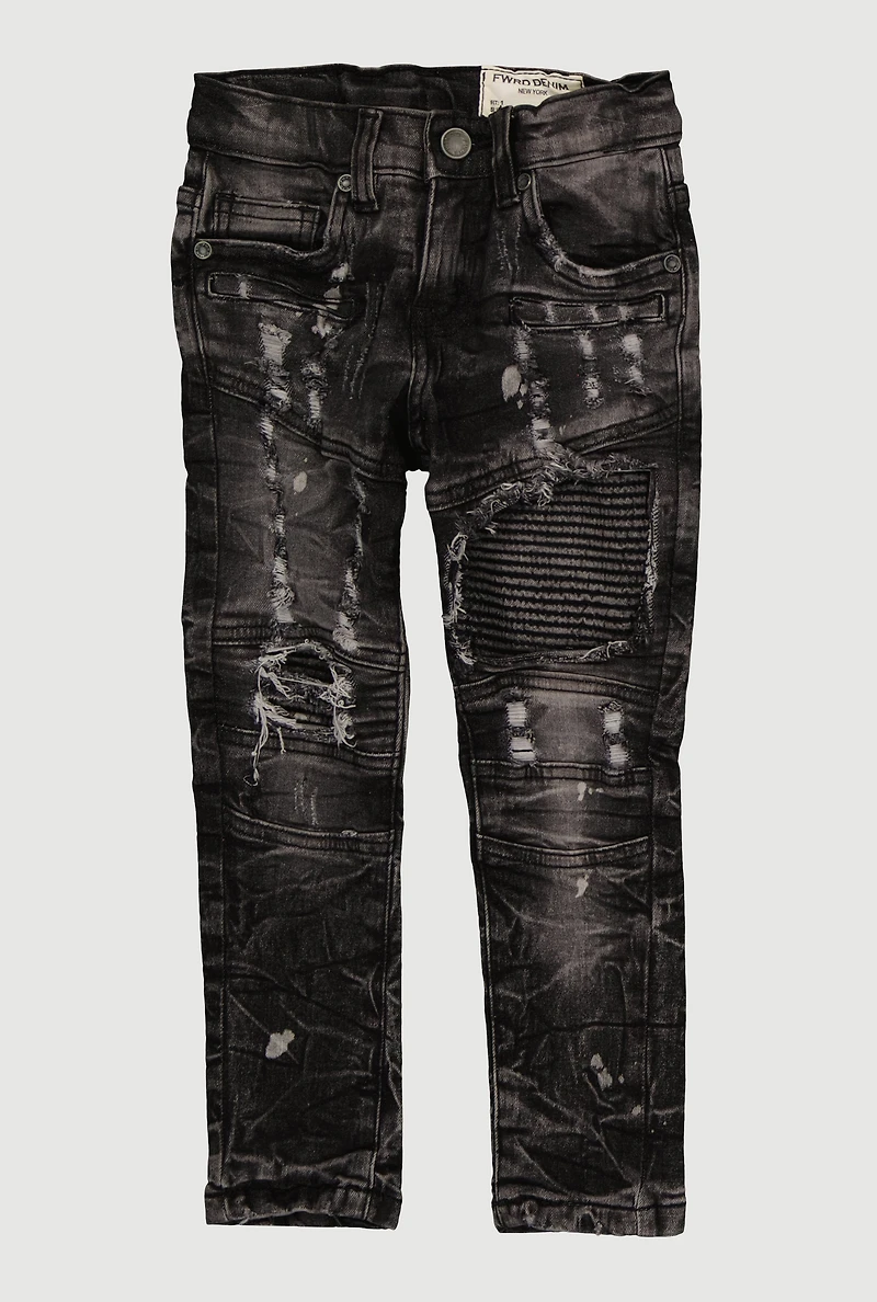 Little Boys Frayed Acid Wash Whiskered Moto Jeans