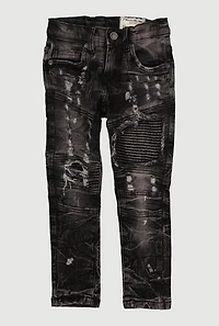 Little Boys Frayed Acid Wash Whiskered Moto Jeans