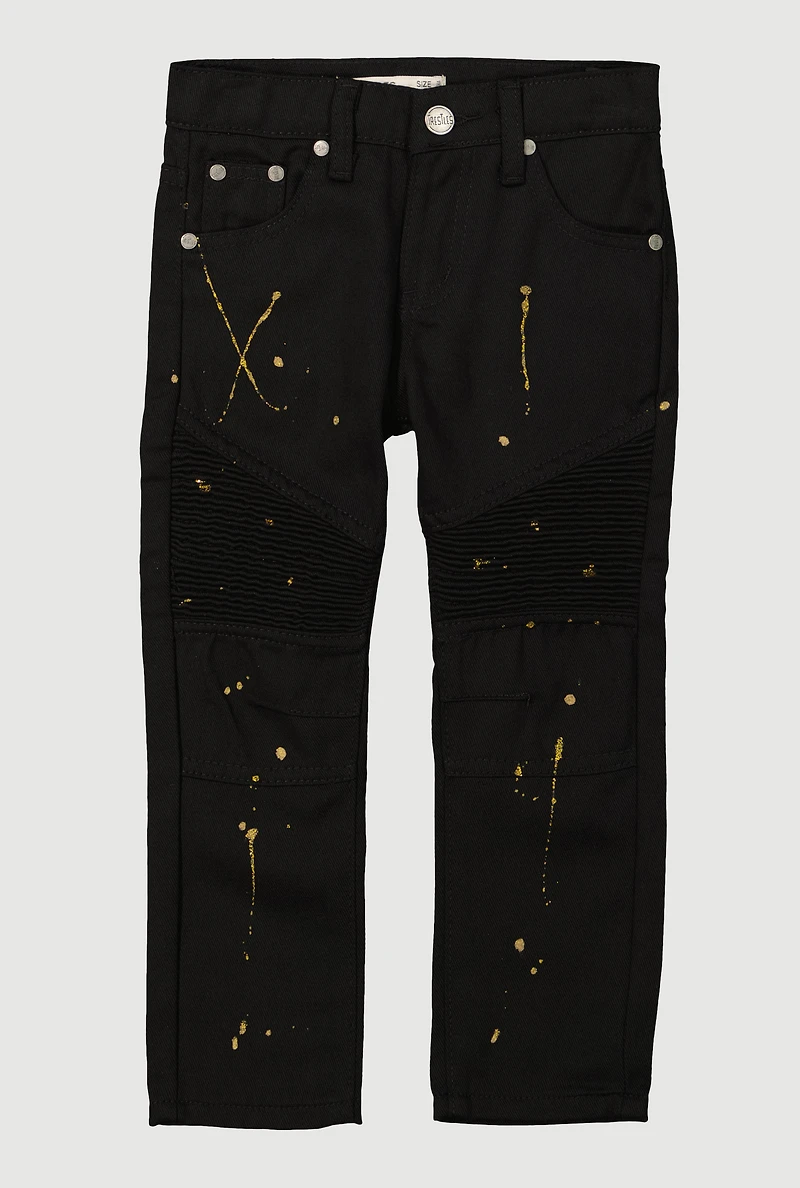 Little Boys Straight Leg Paint Splatter Moto Jeans, Black, Size 5