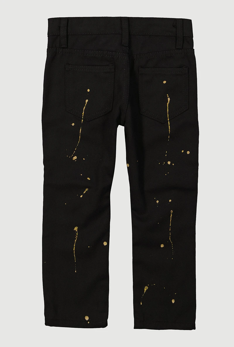 Little Boys Straight Leg Paint Splatter Moto Jeans, Black,