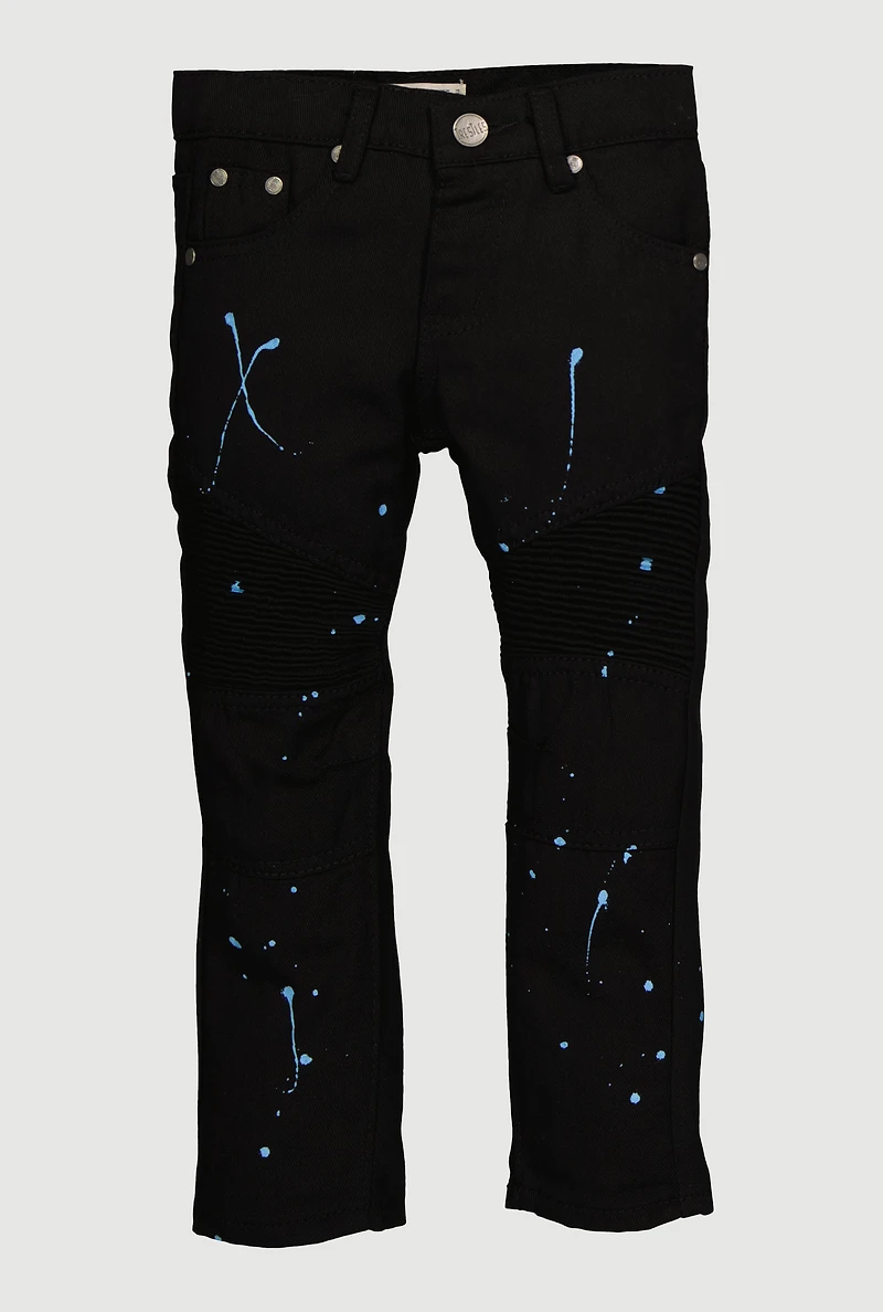 Little Boys Paint Splatter Mid Rise Straight Leg Moto Jeans, Black, Size 4