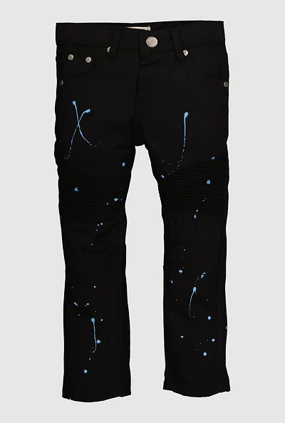 Little Boys Paint Splatter Mid Rise Straight Leg Moto Jeans, Black, Size 4