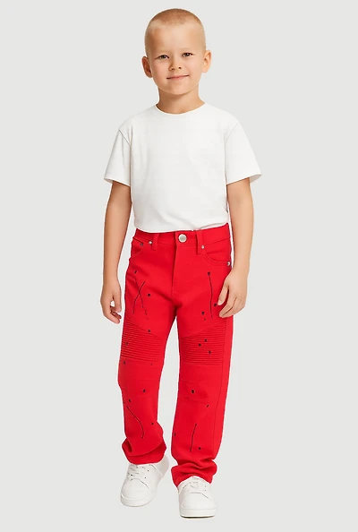 Little Boys Straight Leg Moto Jeans with Paint Splatter, Red,