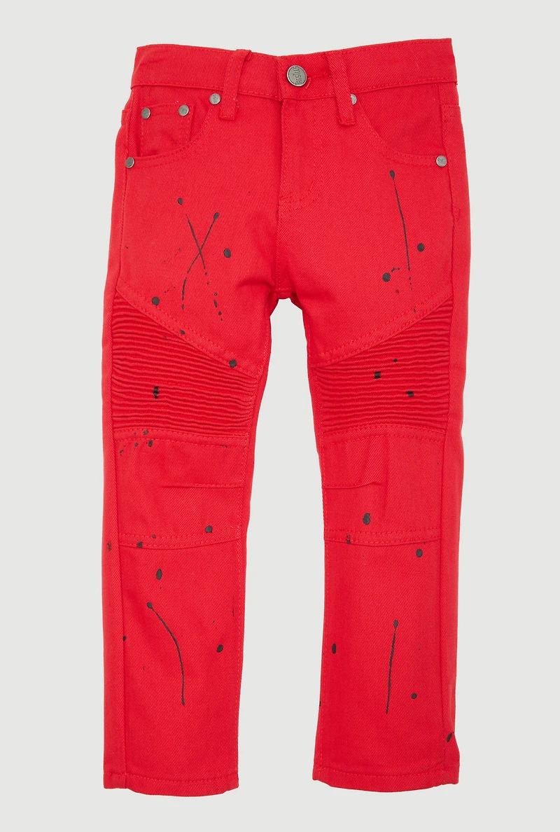 Little Boys Straight Leg Moto Jeans with Paint Splatter, Red,