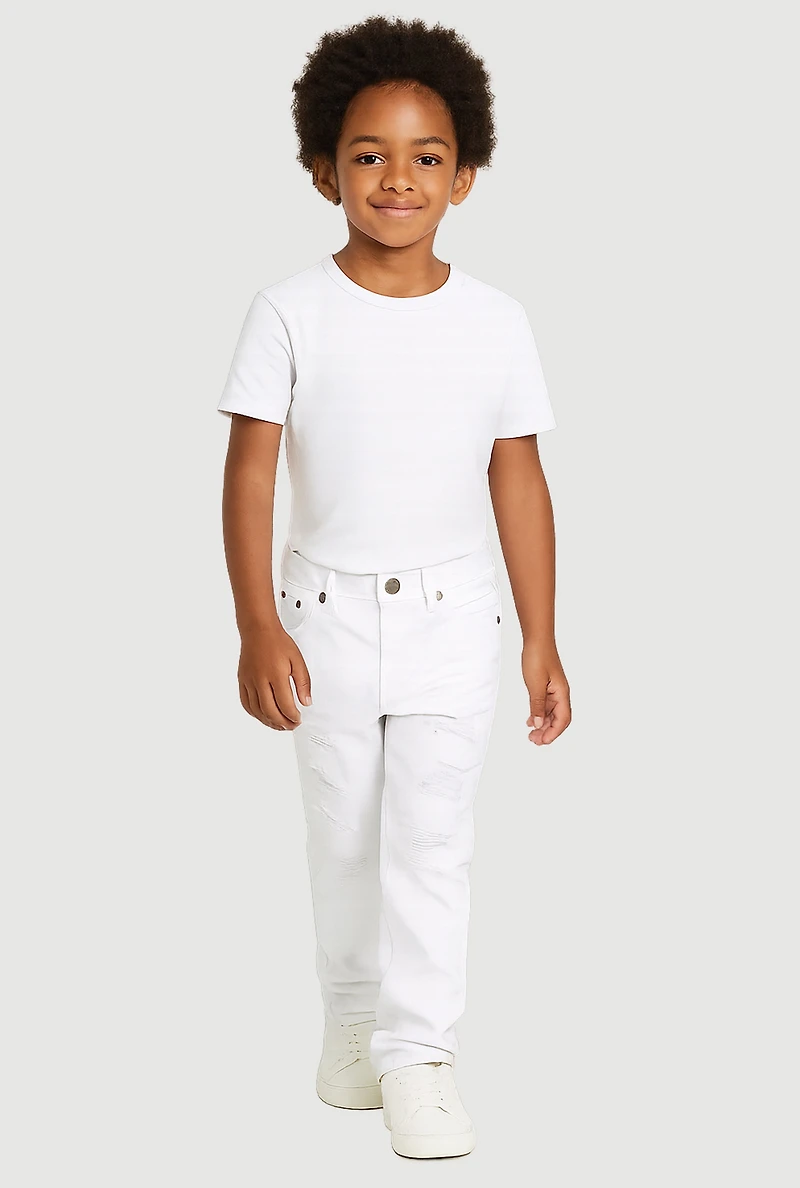 Little Boys Frayed Patch and Repair Jeans, White, Size 4