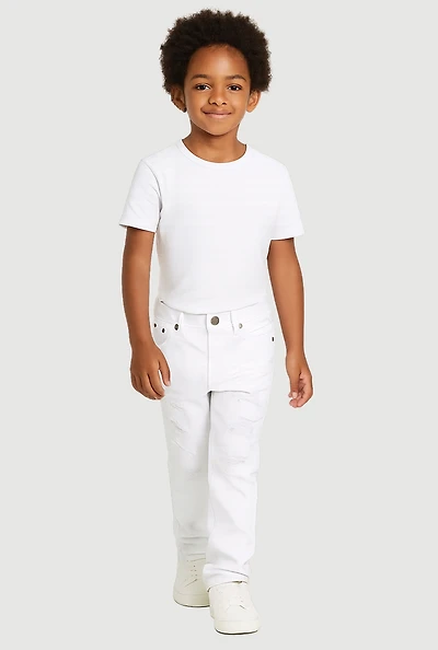 Little Boys Frayed Patch and Repair Jeans, White, Size 4